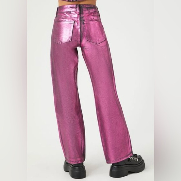 Forever 21 Metallic Foil Pink Black Straight Leg Jeans 26 - Picture 3 of 16